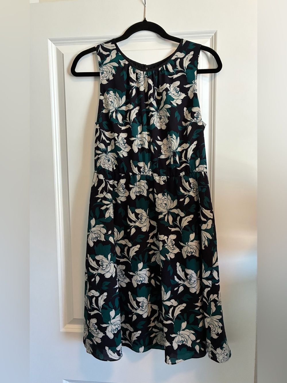 J. Crew Black Floral Sleeveless A-Line Dress with White and Teal Flowers